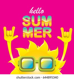 hello summer funky rock n roll vector label isolated on pink background. summer party background with funky sun character design template. vector summer poster