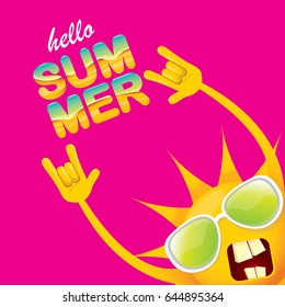 hello summer funky rock n roll vector label isolated on pink background. summer party background with funky sun character design template. vector summer poster