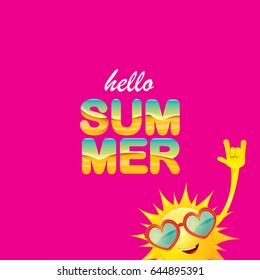 hello summer funky rock n roll vector label isolated on pink background. summer party background with funky sun character design template. vector summer poster