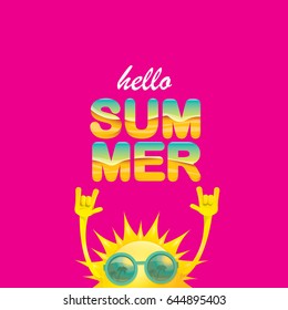 hello summer funky rock n roll vector label isolated on pink background. summer party background with funky sun character design template. vector summer poster