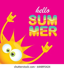 hello summer funky rock n roll vector label isolated on pink background. summer party background with funky sun character design template. vector summer poster