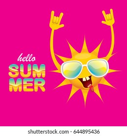 hello summer funky rock n roll vector label isolated on pink background. summer party background with funky sun character design template. vector summer poster
