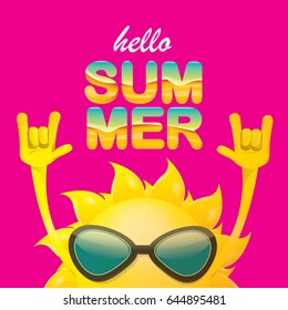 hello summer funky rock n roll vector label isolated on pink background. summer party background with funky sun character design template. vector summer poster