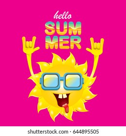 hello summer funky rock n roll vector label isolated on pink background. summer party background with funky sun character design template. vector summer poster