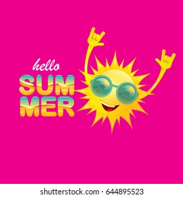 hello summer funky rock n roll vector label isolated on pink background. summer party background with funky sun character design template. vector summer poster