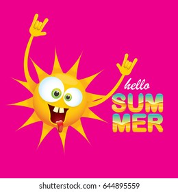 hello summer funky rock n roll vector label isolated on pink background. summer party background with funky sun character design template. vector summer poster