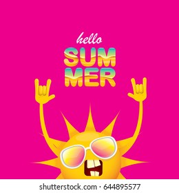 hello summer funky rock n roll vector label isolated on pink background. summer party background with funky sun character design template. vector summer poster