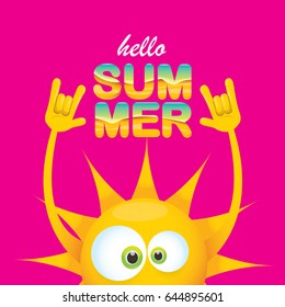 hello summer funky rock n roll vector label isolated on pink background. summer party background with funky sun character design template. vector summer poster