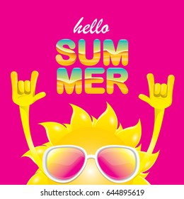 hello summer funky rock n roll vector label isolated on pink background. summer party background with funky sun character design template. vector summer poster