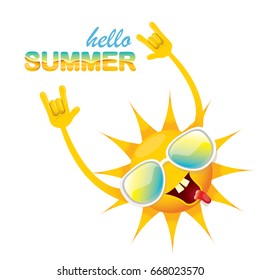 hello summer funky rock n roll vector label isolated on white. summer party background with funky sun character design template. vector summer poster