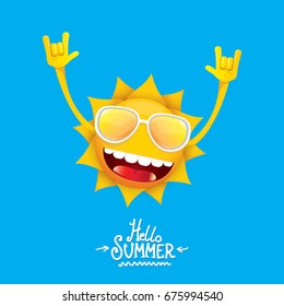 hello summer funky rock n roll vector label isolated on white. summer party background with funky sun character design template. vector summer party poster