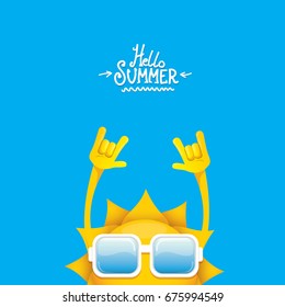 hello summer funky rock n roll vector label isolated on white. summer party background with funky sun character design template. vector summer party poster