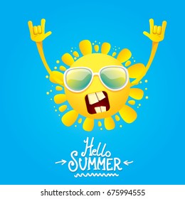 hello summer funky rock n roll vector label isolated on white. summer party background with funky sun character design template. vector summer party poster