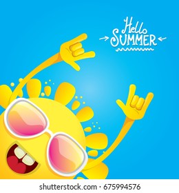 hello summer funky rock n roll vector label isolated on white. summer party background with funky sun character design template. vector summer party poster