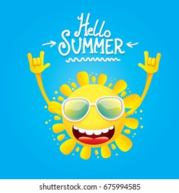 hello summer funky rock n roll vector label isolated on white. summer party background with funky sun character design template. vector summer party poster