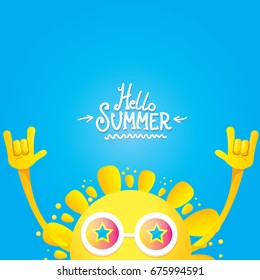 hello summer funky rock n roll vector label isolated on white. summer party background with funky sun character design template. vector summer party poster