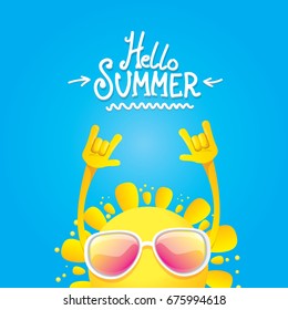 hello summer funky rock n roll vector label isolated on white. summer party background with funky sun character design template. vector summer party poster