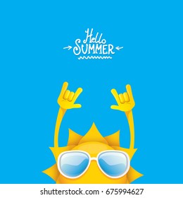 hello summer funky rock n roll vector label isolated on white. summer party background with funky sun character design template. vector summer party poster