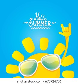 hello summer funky rock n roll vector label isolated on white. summer party background with funky sun character design template. vector summer party poster
