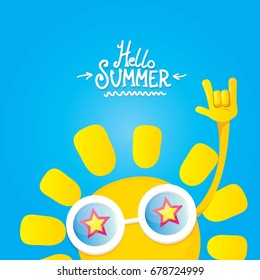 hello summer funky rock n roll vector label isolated on white. summer party background with funky sun character design template. vector summer party poster