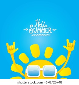 hello summer funky rock n roll vector label isolated on white. summer party background with funky sun character design template. vector summer party poster