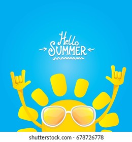hello summer funky rock n roll vector label isolated on white. summer party background with funky sun character design template. vector summer party poster