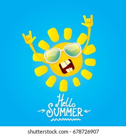 hello summer funky rock n roll vector label isolated on white. summer party background with funky sun character design template. vector summer party poster