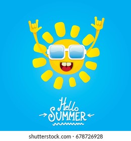 hello summer funky rock n roll vector label isolated on white. summer party background with funky sun character design template. vector summer party poster