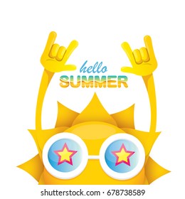 hello summer funky rock n roll vector label isolated on white. summer party background with funky sun character design template. vector summer poster