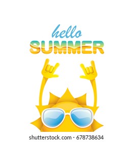 hello summer funky rock n roll vector label isolated on white. summer party background with funky sun character design template. vector summer poster