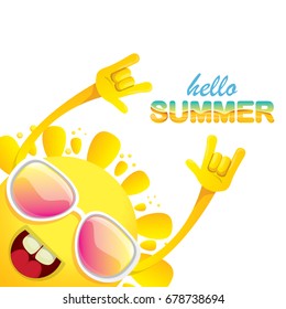 hello summer funky rock n roll vector label isolated on white. summer party background with funky sun character design template. vector summer poster