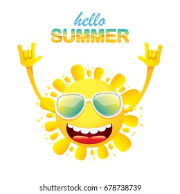 hello summer funky rock n roll vector label isolated on white. summer party background with funky sun character design template. vector summer poster