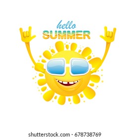 hello summer funky rock n roll vector label isolated on white. summer party background with funky sun character design template. vector summer poster