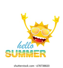 hello summer funky rock n roll vector label isolated on white. summer party background with funky sun character design template. vector summer poster