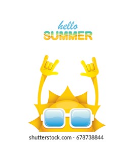 hello summer funky rock n roll vector label isolated on white. summer party background with funky sun character design template. vector summer poster