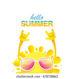 hello summer funky rock n roll vector label isolated on white. summer party background with funky sun character design template. vector summer poster