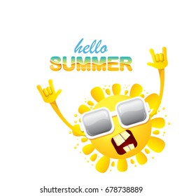 hello summer funky rock n roll vector label isolated on white. summer party background with funky sun character design template. vector summer poster