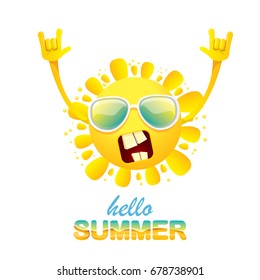 hello summer funky rock n roll vector label isolated on white. summer party background with funky sun character design template. vector summer poster