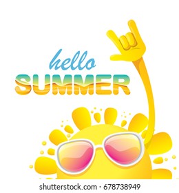hello summer funky rock n roll vector label isolated on white. summer party background with funky sun character design template. vector summer poster