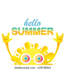 hello summer funky rock n roll vector label isolated on white. summer party background with funky sun character design template. vector summer poster