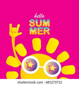 hello summer funky rock n roll vector label isolated on pink background. summer party background with funky sun character design template. vector summer fun poster