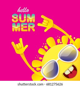 hello summer funky rock n roll vector label isolated on pink background. summer party background with funky sun character design template. vector summer fun poster