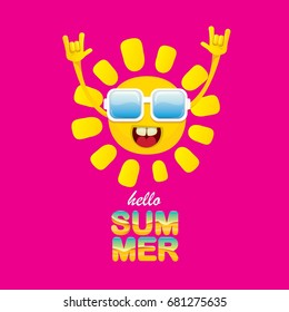hello summer funky rock n roll vector label isolated on pink background. summer party background with funky sun character design template. vector summer fun poster
