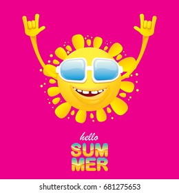 hello summer funky rock n roll vector label isolated on pink background. summer party background with funky sun character design template. vector summer fun poster