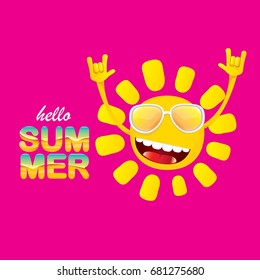 hello summer funky rock n roll vector label isolated on pink background. summer party background with funky sun character design template. vector summer fun poster