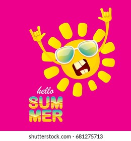 hello summer funky rock n roll vector label isolated on pink background. summer party background with funky sun character design template. vector summer fun poster