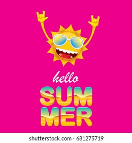hello summer funky rock n roll vector label isolated on pink background. summer party background with funky sun character design template. vector summer fun poster