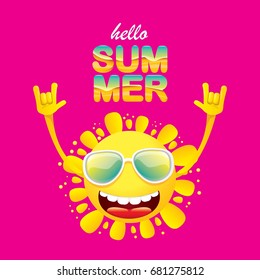 hello summer funky rock n roll vector label isolated on pink background. summer party background with funky sun character design template. vector summer fun poster