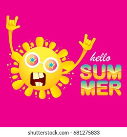 hello summer funky rock n roll vector label isolated on pink background. summer party background with funky sun character design template. vector summer fun poster