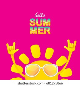 hello summer funky rock n roll vector label isolated on pink background. summer party background with funky sun character design template. vector summer fun poster